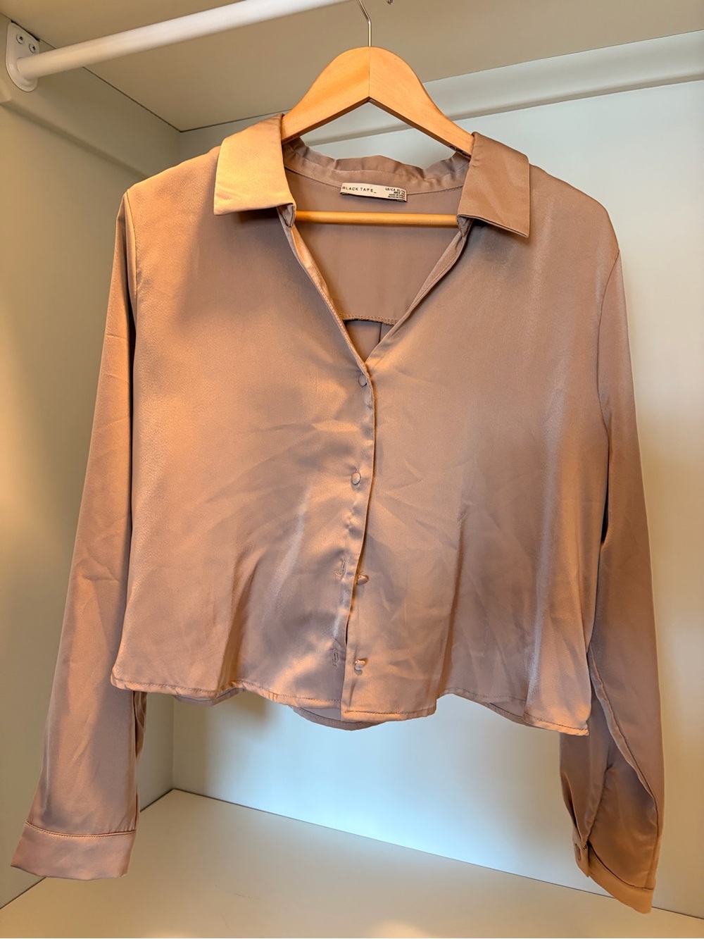 Black Tape_ Satin Button-Front Blouse in light brown